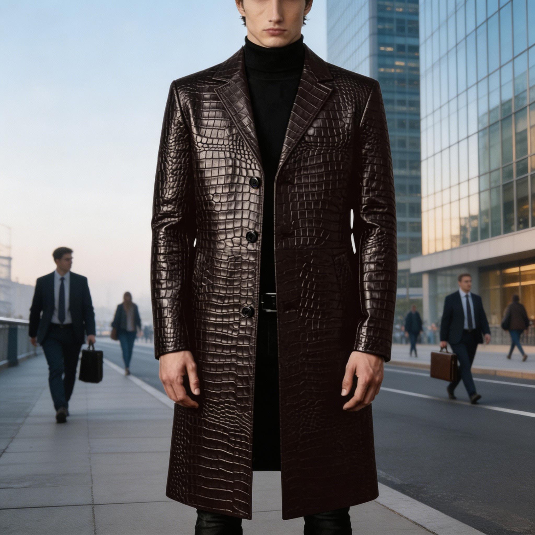 Men'S Grooming Oxford - Manteau long en cuir gaufré crocodile